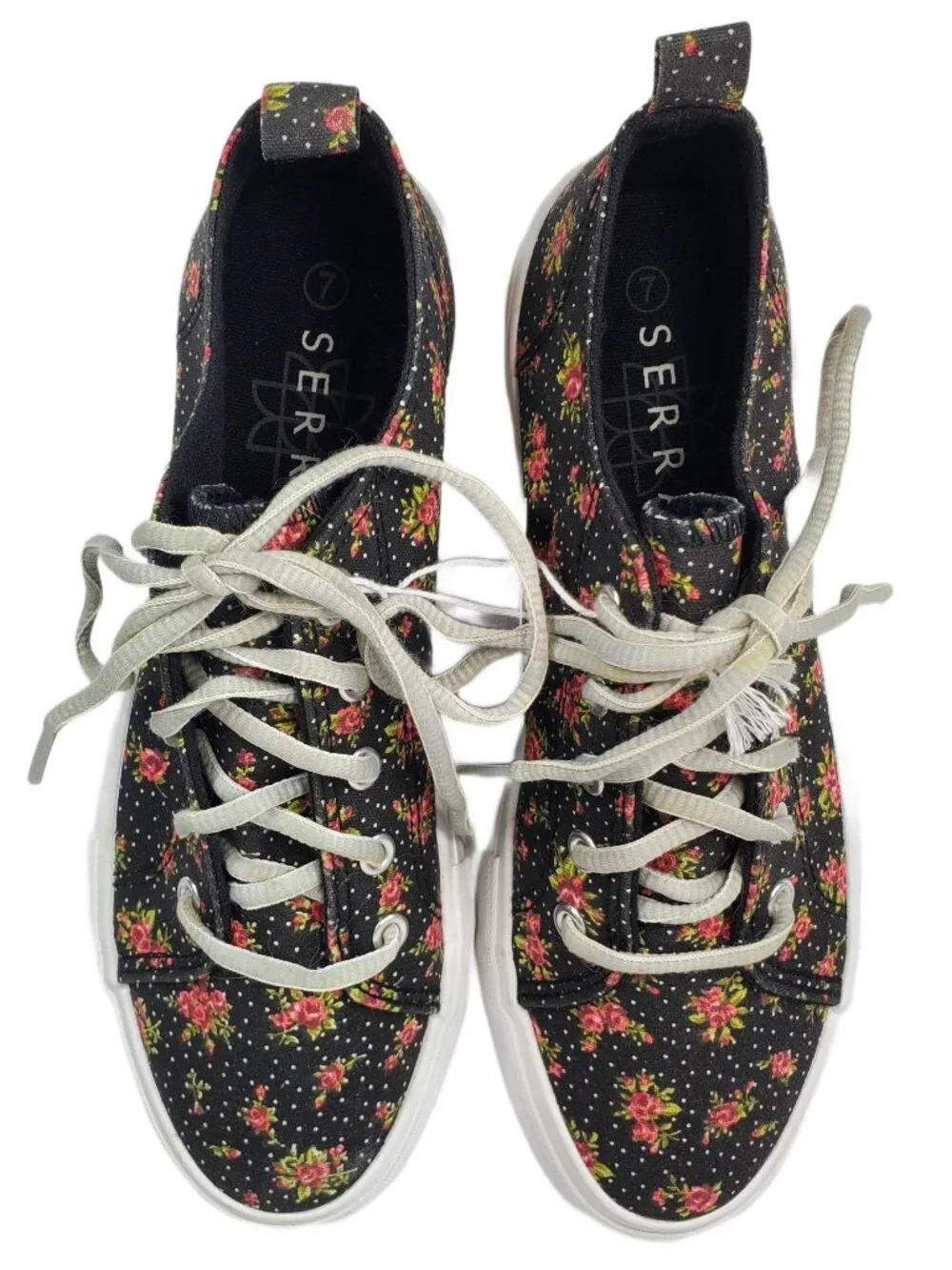 Serra Ladies Black Canvas Sneakers w/ Pink Floral Pattern Polka Dots Size 7 NWT